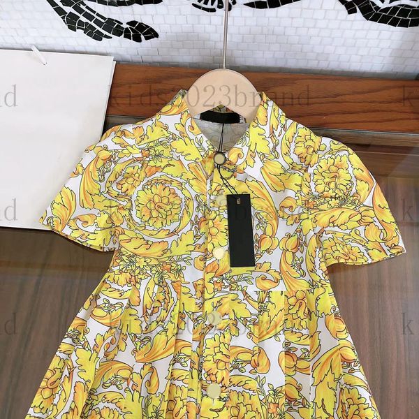 

2023 girls yellow princess dress court style short sleeve cotton skirt high-end girls dresses summer dress brand designer kids pleated dress, Red;yellow