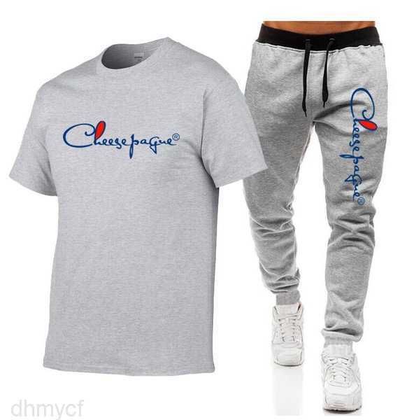 

men's casual tracksuit summer men sets two piece set 100% cotton t shirt brand track clothing male sweatsuit sports suits plus size s-2, Gray