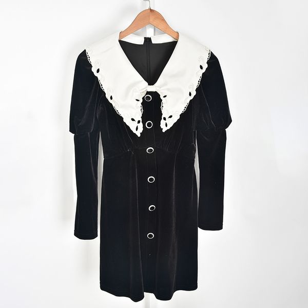 

2023 spring black contrast color embroidery velour dress long sleeve peter pan neck panelled short casual dresses brand same style designer, Black;gray