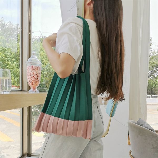 

shopping bags korean style large capacity handbags for women chic folded knit pleated female stripe panelled tote bag 230313