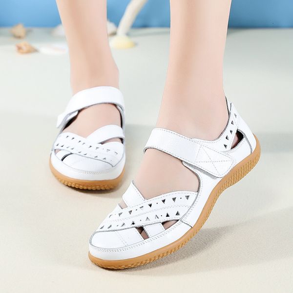 

sandals women leather ladies comfortable flats walking covered toe beach shoes woman footwear 230313, Black