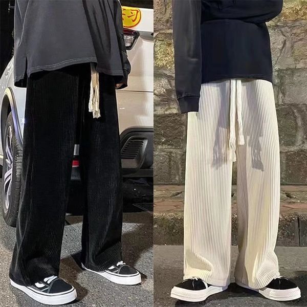 

men s pants 2023summer thin male women casual tie straight leg corduroy monochrome oversized warm korean street streetwear 230313, Black