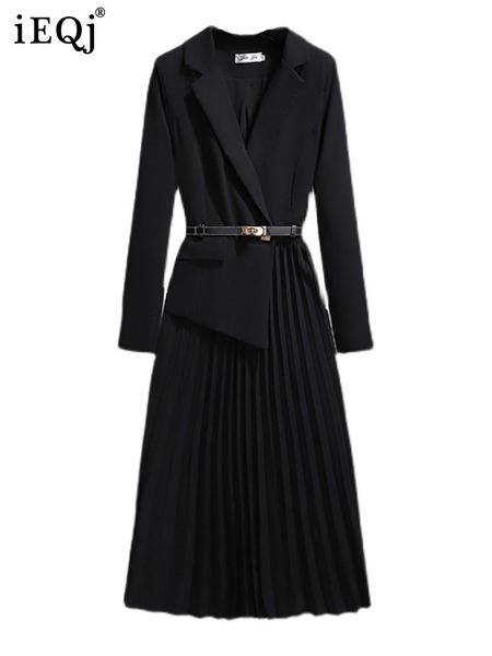 

casual dresses ieqj summer dersses women notched long sleeve with belt pleated stitching design midi dress fashion female robe 3w6082 230313, Black;gray