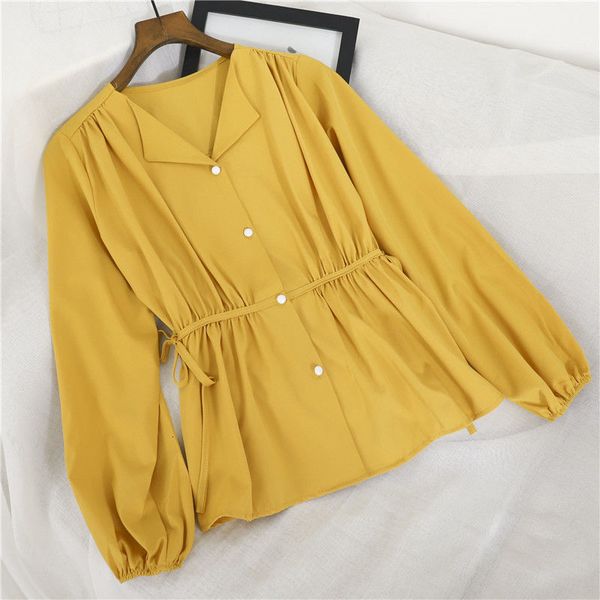 

women's blouses shirts spring korean lace-up adjust waist shirt women sweet elegant v-neck long sleeve chic blouse vintage single-breas, White