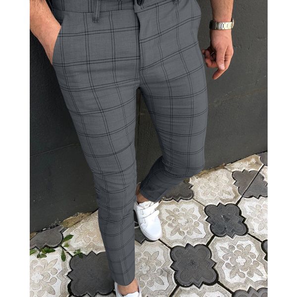 

mens pants fashion plaid print mens slim pants casual spring summer skinny pencil pants mid waist trousers for men clothes streetwear 230313, Black