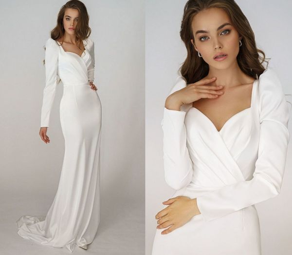 

elegant long sleeves mermaid wedding dress 2023 sweetheart ivory satin bridal gown simple backless brides dress vestido de novia, White