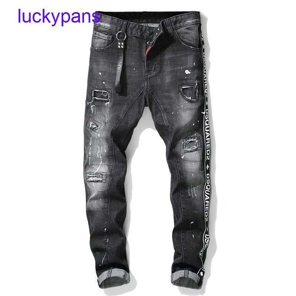 

original edition 8a d2 jeans for sale street trend webbing new ragged paint stitching men's slim stretch black tight beggar pants, Blue