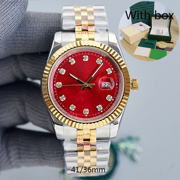 

With diamond watch red dial sapphire mirror 41mm automatic mechanism 36mm ladies fashion luxury watch 904L stainless steel strap with box waterproof Wristwatche lb