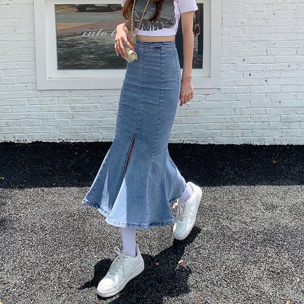 

skirts s-xl 2colors fish tail denim skirt women mermaid trumpet long skirts ankle-length zipper empire high waist jeans female78709 230313, Black