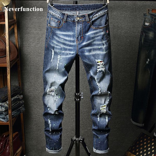 

men's jeans men hip hop ripped distressed stretch slim fit jeans trousers streetwear man holes ink printed casual beggar denim pants 23, Blue