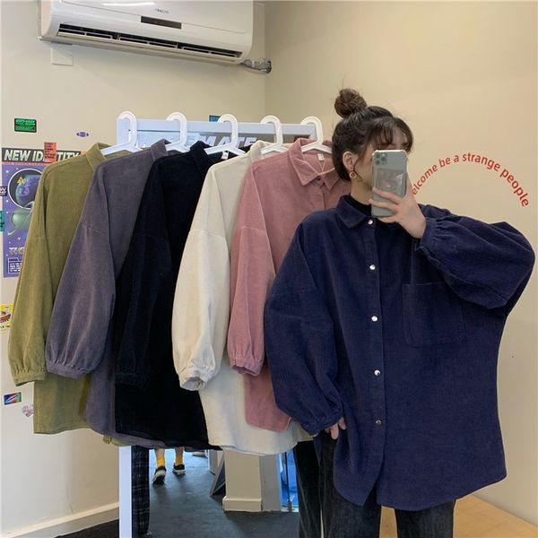 

women's blouses shirts korean fashion women retro corduroy blouse female harajuku streetwear oversized long sleeve vintage button down, White