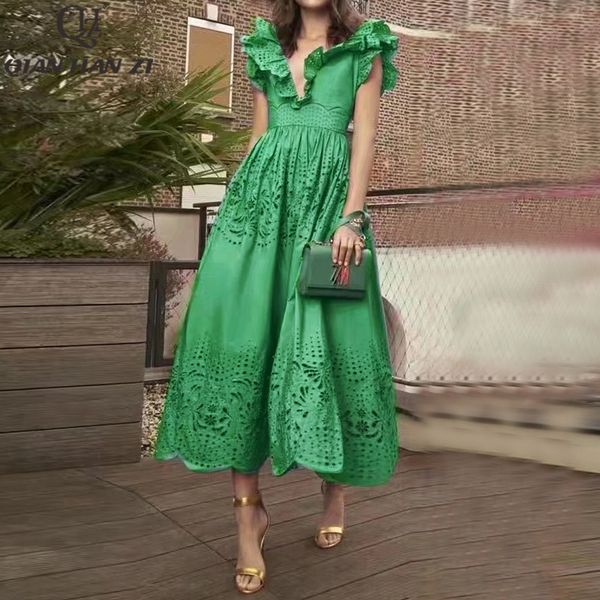 

casual dresses qhz designer fashion summer embroidered long dress v-neck for women ruffled sleeves elegant hollow out green slim maxi dress, Black;gray