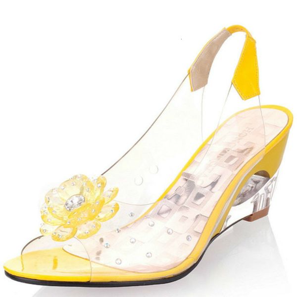 

sandals 6.5cm wedges sandals women summer sweet flowers transparent open toe heels sandals fishmouth red sandals plus sizes98 230313, Black