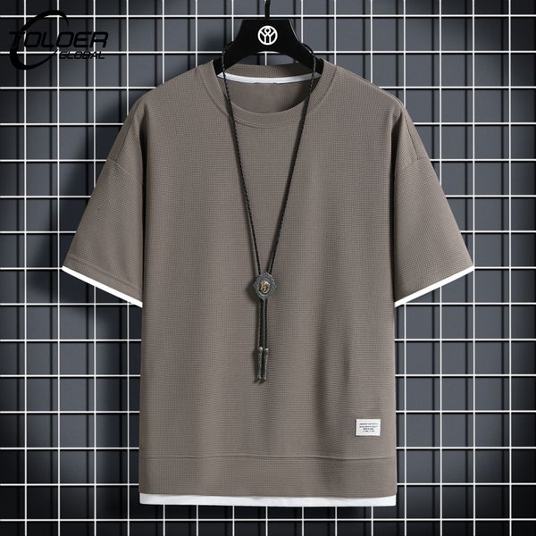 

men's t-shirts summer solid t shirts harajuku short sleeve streetwear classical tee male oversized o-neck waffle casual t-shirts 23031, White;black