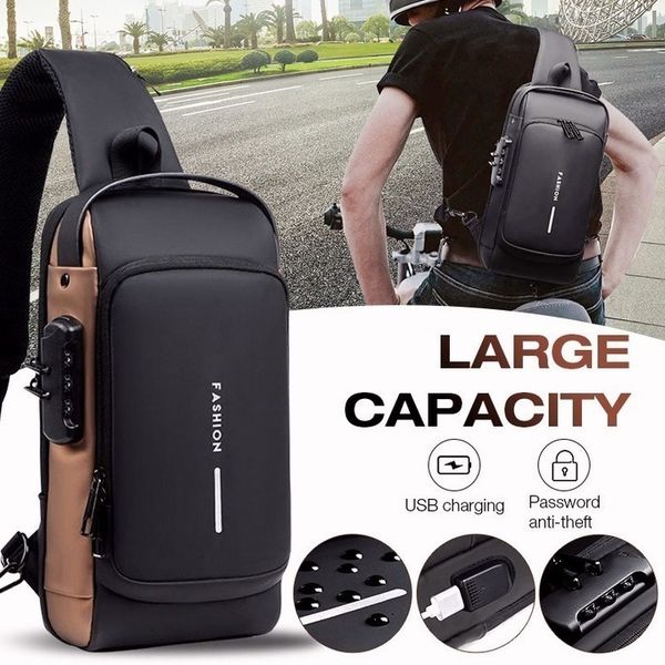 

school bags multifunction patent leather chest men waterproof crossbody anti theft travel shoulder usb charging sport sling pack 230313