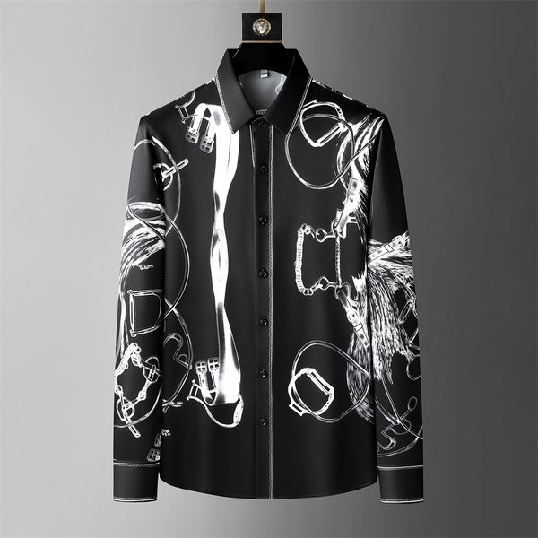 

men's casual shirts luxury retro print for men high-quality long sleeve business social party banquet tuxedo camisa masculina 230313, White;black