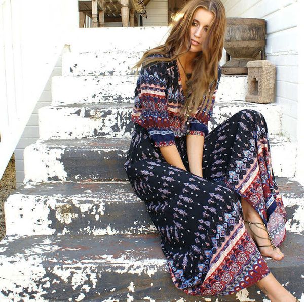 

deep v-neck summer bohomian floral print long dress women beach floral print split summer dress dresses sexylong elegant dress, Black;gray