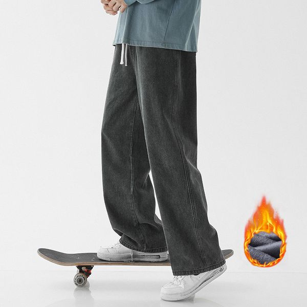 

men's jeans winter men's wool jeans street warm trousers brushed thickened straight leg pants casual light blue pants 230313