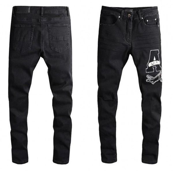 

pants mens jeans distressed motorcycle biker jean rock skinny slim ripped hole stripe fashionable embroidery denim pants hgbkr, Blue