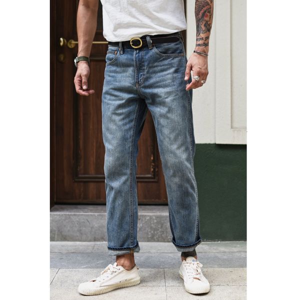 

men's jeans sauce zhan jf09 mens jeans selvedge denim jeans for men summer distressed wash jeans ankle length slim fit 10 oz 230313, Blue