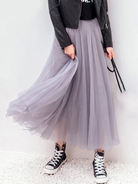 

skirts jmprs vintage tulle skirt summer women elastic high waist mesh pleated skirts elegant korean a line office ladies skirt 230313, Black