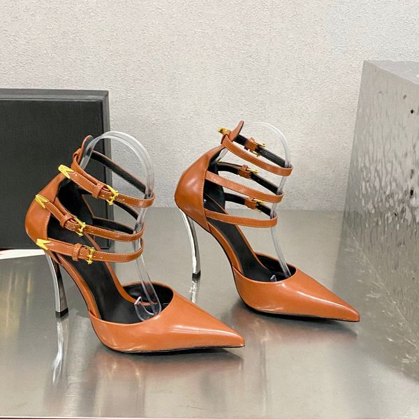 

pin-point buckled ankle triple-strap pumps heels shoes calf leather stiletto sandals heeled point toes women luxury designers dress shoe eve, Black