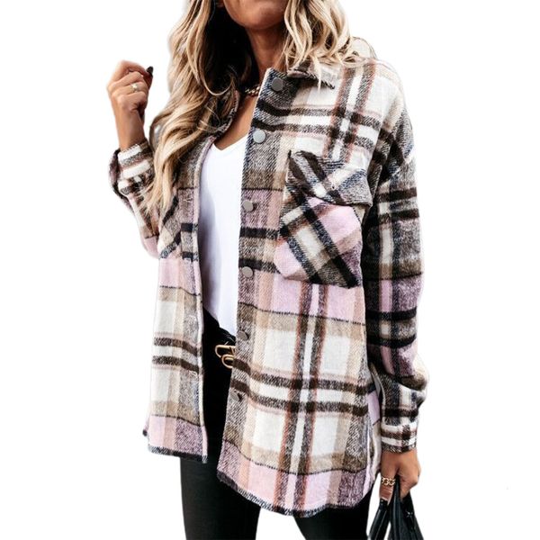 

women's blouses shirts women retro plaid print blouses casual lapel long sleeve button front loose pocketed coat female outerwear chic, White
