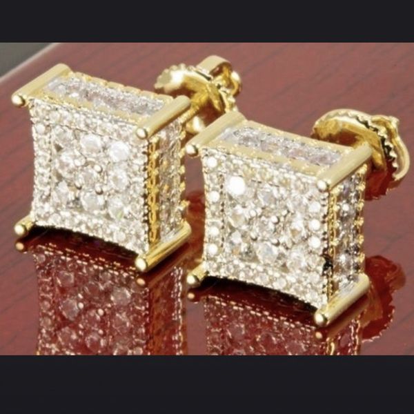 

hip hop 925 sterling silver pave simulated diamond wedding earrings for men women plated yellow gold jewelry, Golden;silver