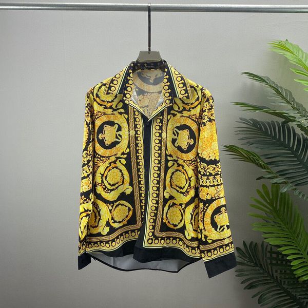 

men's casual shirts fashion t-shirts for men golden print long-sleeved business work collared clothing button camisas 230313, White;black