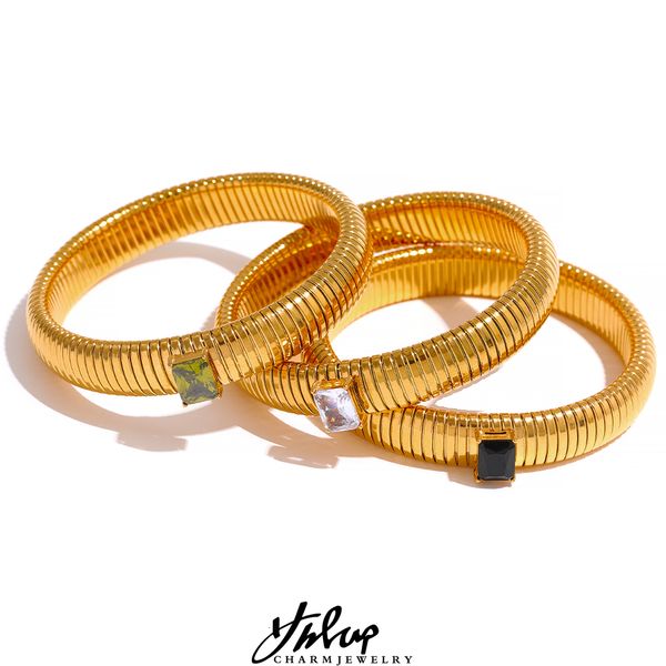 

charm bracelets yhpup waterproof stainless steel elasticity chain cubic zirconia 18k gold plated wide bracelet bangle fashion jewelry women, Golden;silver