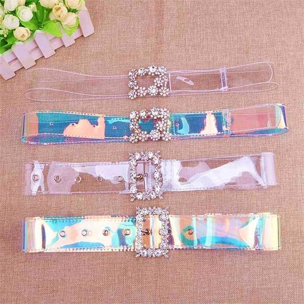 

designer belts 2023 ins super fire flash laser transparent wide belt women's diamond button fashionable and versatile pvc plastic facto, Silver