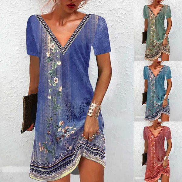 

2023 temu spring and summer women's new ethnic style printed casual v-neck short-sleeved dress, Black;gray