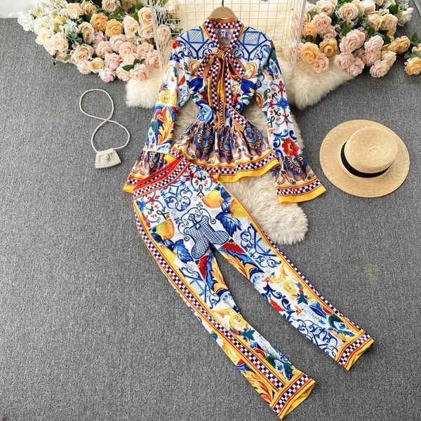 

down jacket runway fashion elegant vintage print pant suit ruffle blouse shirt and long pants two piece set women sets women's cxvc, Black