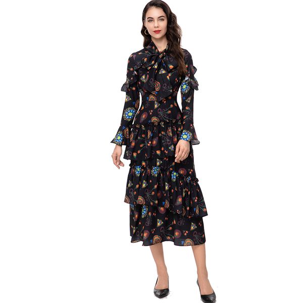 

women's runway dresses lace up collar long sleeves floral printed tiered ruffles fashion designer vestidos, Black