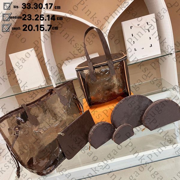 

pink sugao tote shoulder bag handbags purses women genuine leather and pvc letter l print clear transparent 7pcs/set with wallet clutch bag
