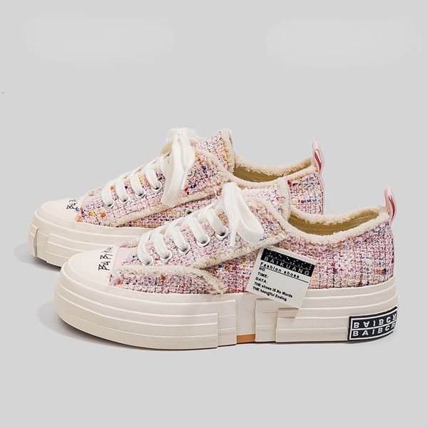 

dress shoes women spring girl's sneakers low lace up pink canvas thick sole 35-40 black casual nice quality 230313