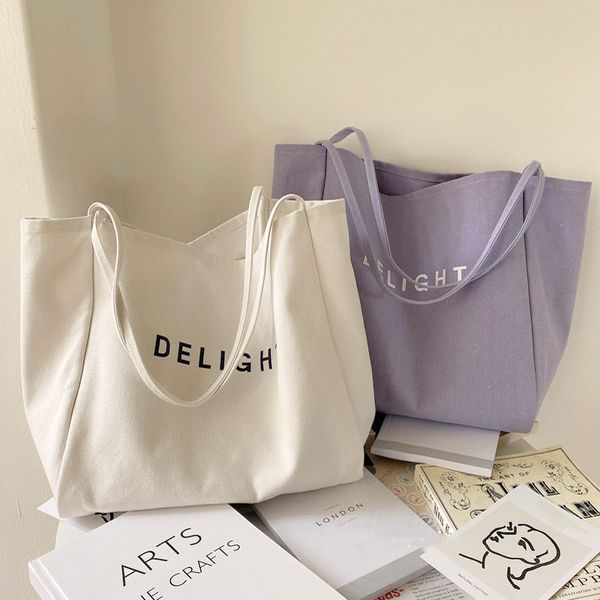 

shopping bags large capacity cotton reusable women canvas shoulder deligh print solid color causal handbag tote beach 230313