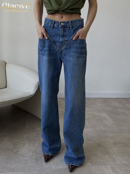 

womens jeans clacive vintage blue denim woman fashion high waist straight office lady trousers elegant full length pants for women 230313