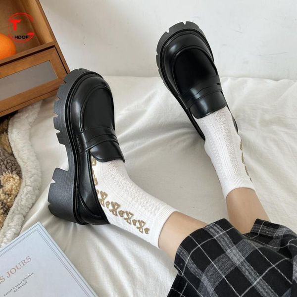 

dress shoes british style loafer platform leather slip on casual flats office lady penny female moccasin black brown 230313