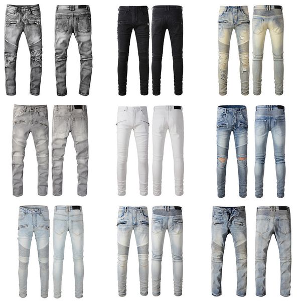 

Mens Designer Jeans Men Skinny Black Denim Ripped White Jeans Man Rip Straight Leg Zipper Fly Hole Fashion Long Hip Hop Ripped Pants Grey Biker Distress, #1051