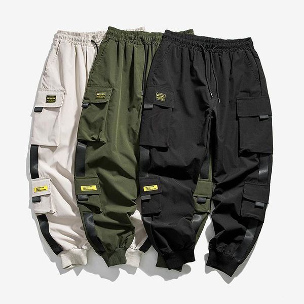 

pants hip hop harem joggers cargo pants for men with multi-pockets ribbons man sweatpants streetwear casual mens s-5xl cqdow, Blue