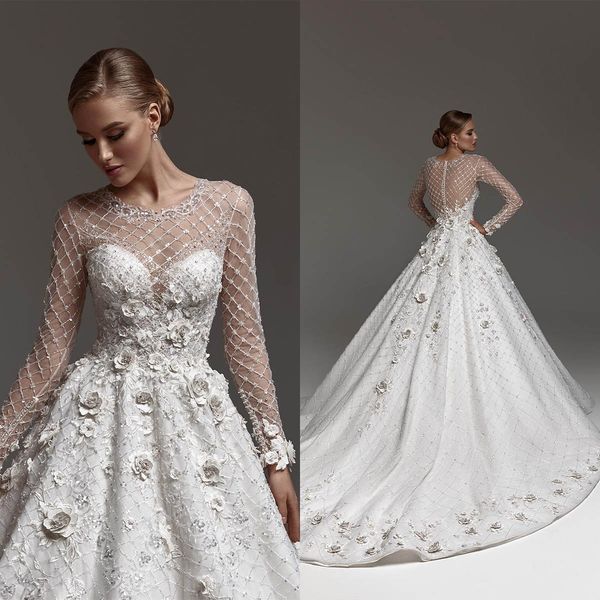

luxury ball gown wedding dresses jewel cell lace long sleeves 3d flower applicants zipper chapel gown sequins custom made bridal gown vestid, White