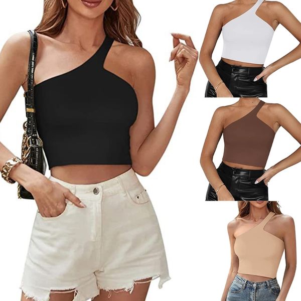 

womens one shoulder sleeveless crop tank oblique neck solid color traceless backless bodycon camisole t-shirts, White