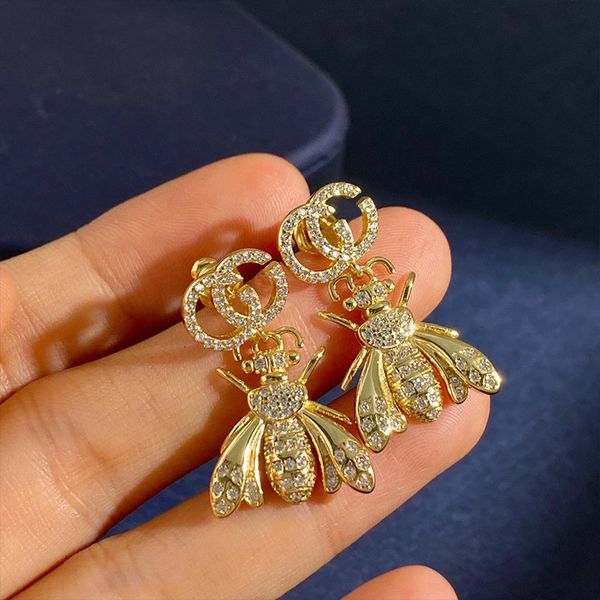 

stud vintage gold plated full rhinestone bee earrings jewelries letter wedding gift factory wholesale with dust bag, Golden;silver