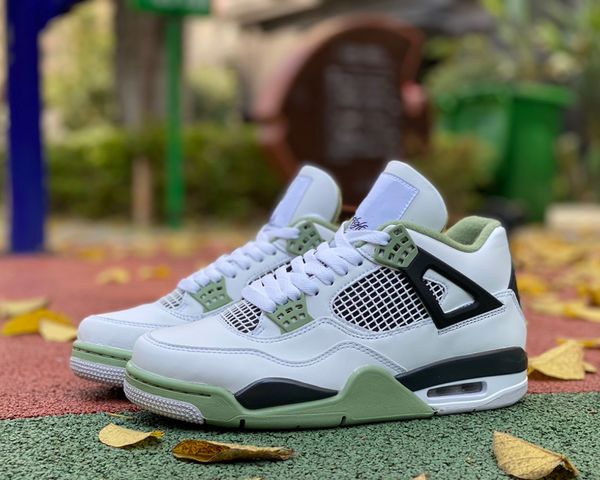 

jumpman 4 wmns oil green basketball shoes 4s white/seafoam-dark ash-neutral grey outdoor sneaker sports with original box
