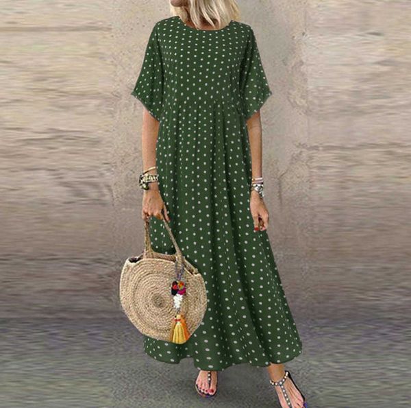 

2020 women sundress vintage o-neck long maxi female casual dot pinted summer beach boho dresses vestidos robe, Black;gray