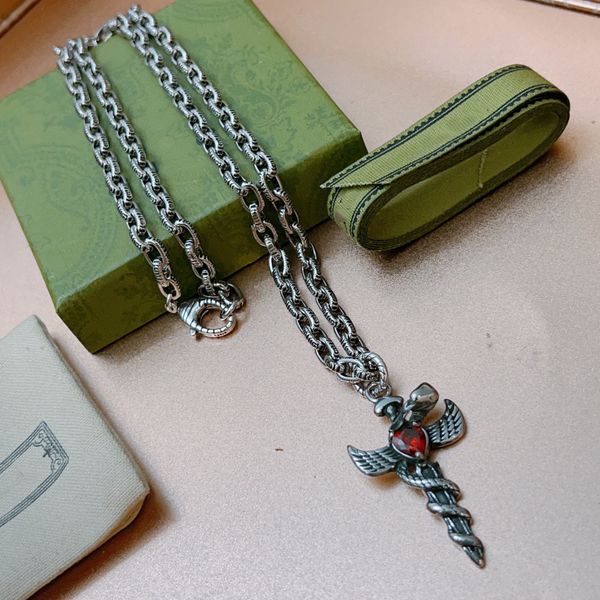 

retro classic necklaces stainless steel cross ruby double g letter necklace men vintage ancient forest pendent jewelry no box, Silver