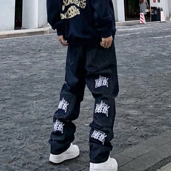 

men s jeans retro multi pockets letter embroidery casual mens pants straight harajuku hip hop loose denim trousers 230313, Blue