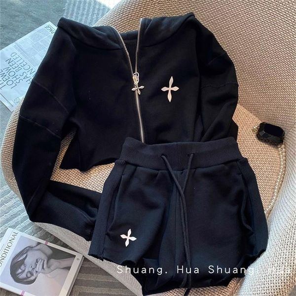

women s two piece pants printied cros sets loose long sleeves hodied zip up solid elastic mini shorts french style casual set 230311, White