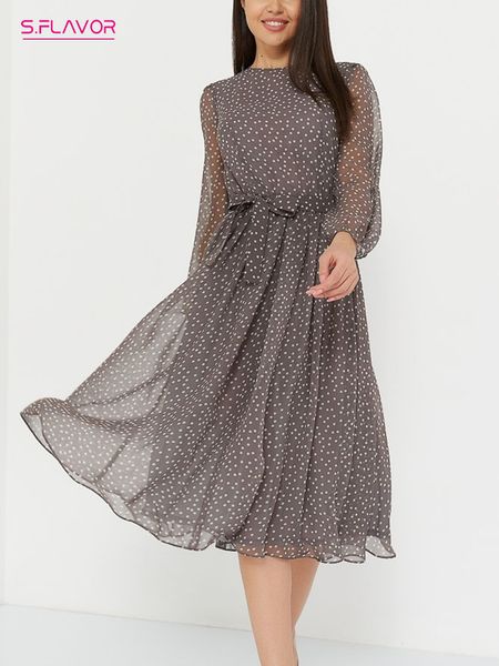 

casual dresses s.flavor elegant dot print long sleeve polka dress o neck chiffon a line women casual sundress vintage midi vestidos de 23031, Black;gray